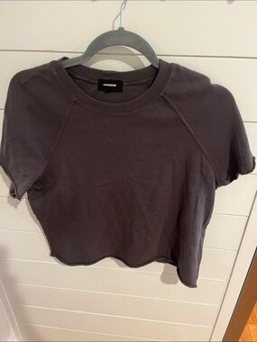 Monrow Charcoal Ribbed Short Sleeve Crop Tee